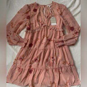 Women’s Pink Floral Soft Femme Tiered Longsleeve Dress